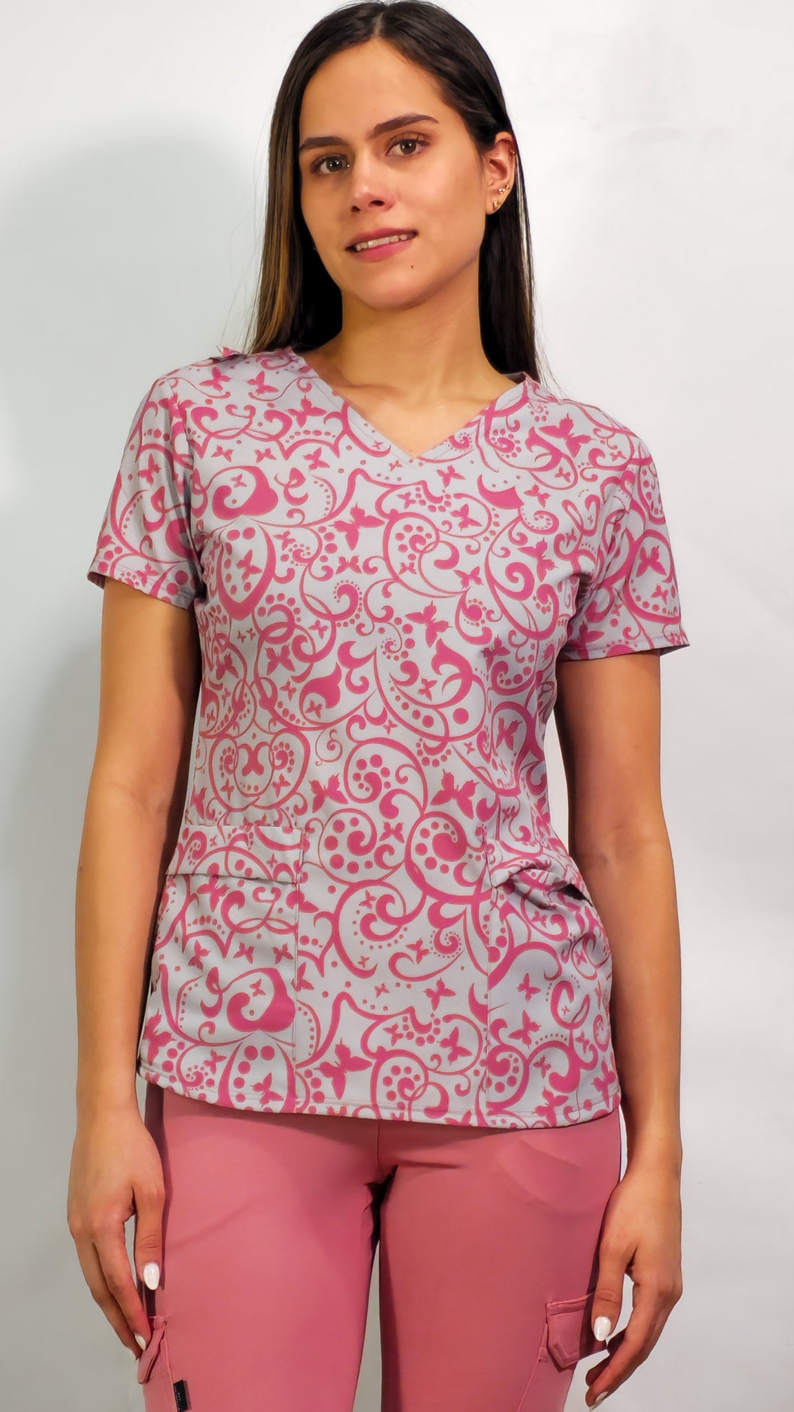 Filipina de Scrubs 600 Estamapado Floral Gris Perla/Palo de Rosa