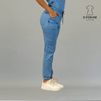 Women’s ceil blue scrub joggers side profile with drawstring waist and utility pocket