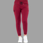 Front view of burgundy women's joggers 920, standing with feet together.