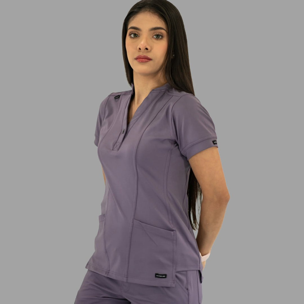 Women's light purple Style 930 scrub top, three-quarter front view
