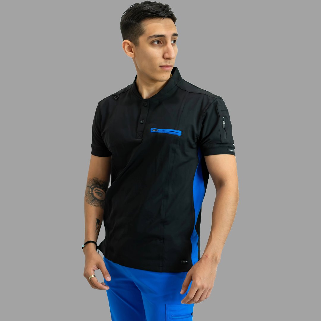 Men’s Black / Royal Blue Super Stretch scrub top in three-quarter view with side panel detail.