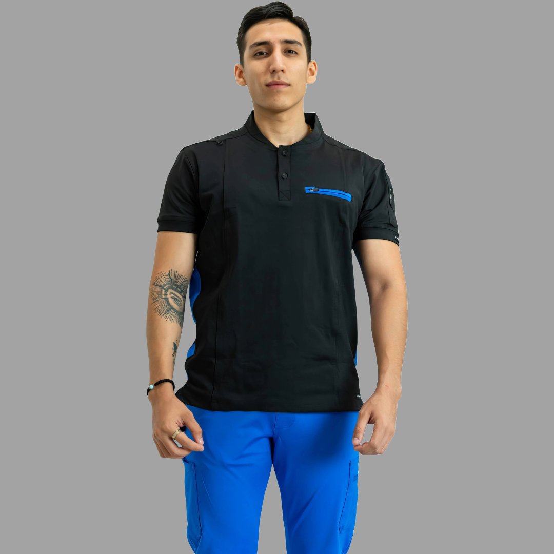 Front view of Men’s Black / Royal Blue 930 scrub top paired with Royal Blue scrub pants.