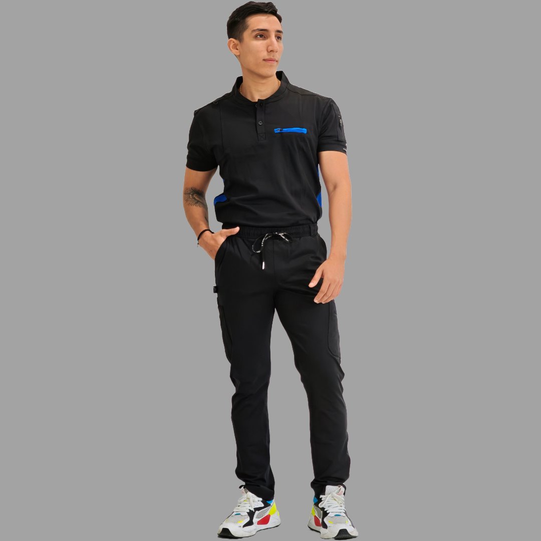 Full-body view of men’s black scrub set with Royal Blue details and Super Stretch fabric.